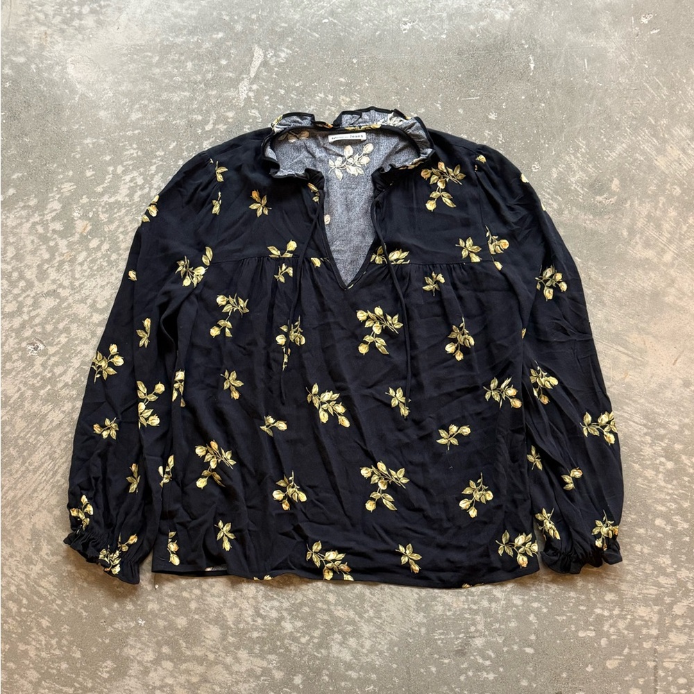 Reformation Women’s Amira Top Floral Blouse Black Ruffle Long Sleeve Size Medium
